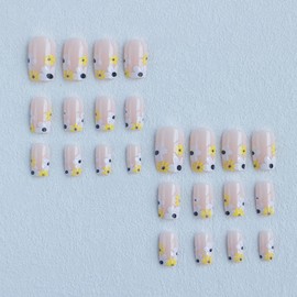 Spring Flower Press on Nails Short Square Fake Nails with Summer Floral White Flower Daisy Glue on Nails Pink Glossy Coffin Stick on Nails Acrylic False Nails for Women Manicure Decoration 24Pcs