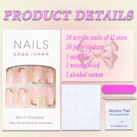 Christmas Press on Nails Short Square Winter Fake Nails Pink Full Cover Holly False Nails with Designs Glossy Glue on Nails Cute Acrylic Nails Manicure Artificial Nails for Women Girls 24Pcs