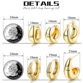 Sanfenly 6 Pairs Gold Chunky Hoop Earrings Set 14K Gold Hoop Earrings for Women Hypoallergenic Thick Open Hoops Earring Twist Huggie Hoop Earring