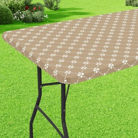 misaya Rectangle Vinyl Table Cloth, Elastic Fitted Tablecloth with Flannel Backing, Waterproof Plastic Table Cover Fits Folding Tables for Camping, Indoor and Outdoor (Khaki, 36" x 60")