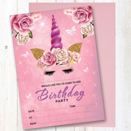 DRAAK 10 x Unicorn Birthday Party Invitations Invites Girl Children Kids Pack Pink (10 Pack)