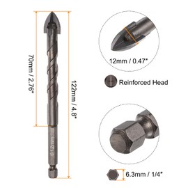 HARFINGTON 4pcs Titanium Masonry Drill Bit, 12mm Concrete Drill Bits Ceramic Tile Drill Bit with 1/4" Hex Shank 122mm Length for Ceramic Tile Marble Mirror Glass Concrete Brick Plastic Wood