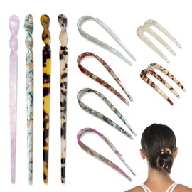 Piacolnic 10 Pcs Tortoise French Hair Pin, 3 Styles Acetate Hair Sticks, Elegant Cellulose Acetate Chignon Pin U Shaped Updo Hairpins Acetate Hair Chopstick for Women Hairstyle Accessories