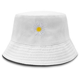 Bucket Hat, Print Bucket Hat Daisy Embroidery Summer Fisherman Hat Double-Side Ladies Bucket Sun Hat Foldable Fisherman Hat for Summer Hiking Camping Traveling Fishing A4-CJSMM (Black/White)