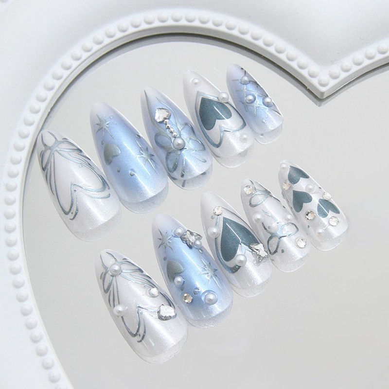 24Pcs Blue Almond Press on Nails Medium Fake Nails 3D