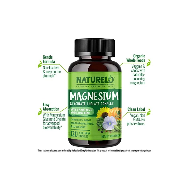NATURELO Magnesium Glycinate Supplement - 200mg Glycinate Chelate with Organic