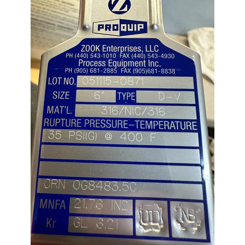 ZOOK PRO-QUIP 6" TYPE D-V, RUPTURE DISC 316/NIC/316,35 PSIG @