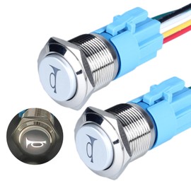 DMWD 2pcs 19mm Raised Speaker Horn Momentary Push Button Switch 3/4" Mounting Hole 12V-24V LED Lighted Silver Case 1NO 1NC SPDT with Pre-Wired Socket for Car Truck Boat Marine (White)