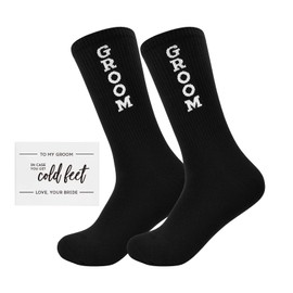CARAKNOTS Groom Gifts from Bride Funny Wedding Socks for Groom Cotton Novelty Black Dress Socks for Men