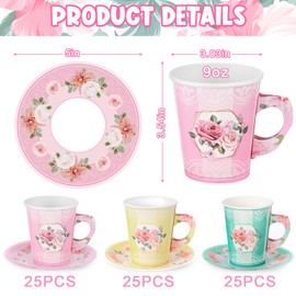 Zopeal 150 Pcs Tea Party Decorations 9 oz Paper Tea Cups and 5 Inch Plates Disposable Cups with Handle Floral Paper Saucers Sets for Birthday Wedding Party Supply