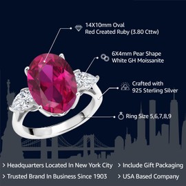 Gem Stone King 3.80 Cttw Red Created Ruby and White Moissanite 3 Stone Ring For Women | 925 Sterling Silver | 14X10MM Oval and 6X4MM Pear Shape | Available In Size 5, 6, 7, 8, 9