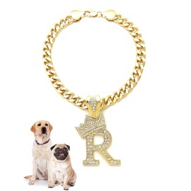 Icemond Rhinestone Studded Initial Pendant 26" Cuban Chain Fashion Costume Jewelry Necklace for Dogs Cats in Gold or Rhodium Tone (Gold - R)