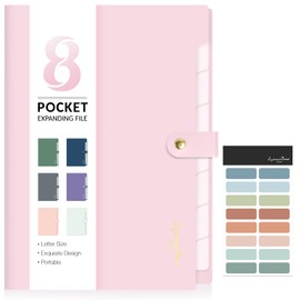 Sooez Elegant Accordion File Organizer with Labels, 8 Pocket Expanding File Folder, Portable Folders for Documents, Cute Paper Organizer for School Office Supplies, Letter Size, Blush