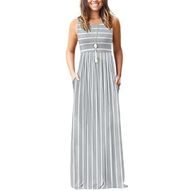 MOLERANI Women's Loose Plain Maxi Dresses Casual Long Dresses with Pockets,Gray White Pinstripe,L