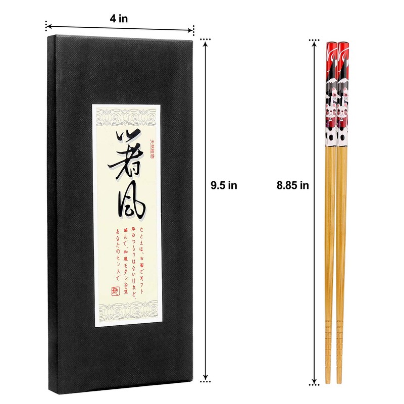 5 Pairs Natural Reusable Bamboo Chopsticks with Fortune Cat Print,
