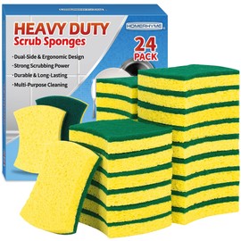HOMERHYME Heavy Duty Cellulose Scrub Sponges 24 Pack, Kitchen Sponge with Double-Side & Ergonomic Design. Durable Sponge for Dishes, Uncoated Cookware, Sink, and Countertops.