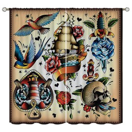 Amextrian Tattoo Black Out Curtains for Home Decor,Retro Tattoo Pattern Rod Pocket Thermal Insulated Drapes Darkening Window Curtain for Girls Boy Bedroom Living Room 55 x 63 Inch
