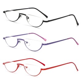 MMOWW 3 Pack Half Frame Reading Glasses for Women Men Slim Half Moon Lens Readers Semi Rimless Metal Frame Spring Hinges (Black/Purple/Red +1.5