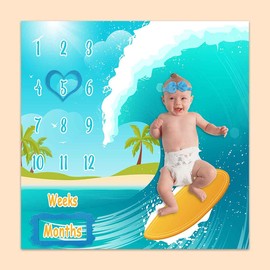 PHMOJEN Baby Monthly Milestone Blanket, Sea Surfboard Waves, Newborns 1 to 12 Months Unisex Include 4 Frames and 1 Headband 47"x47"BTLSPH495