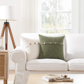 Meekio Set of 2 Moss Green Pillow Covers 18 x 18 Inches Farmhouse Pillow Covers with Coconut Buttons for Sofa Couch Living Room Bedroom Farmhouse Décor for The Home