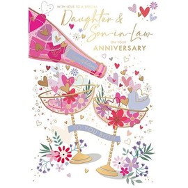 Special Daughter and Son-In-Law Anniversary Card - Floral Champagne Glasses with Hearts and Embossed Foil Details - Eco-Friendly - by Words and Wishes