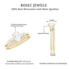 Certified Moissanite Bridal Ring Set in Yellow Gold Plated Silver, D-Vs1 Quality, Moissanite Engagement Ring With Band, Gold Plated Yellow Gold, Size:US 5.00