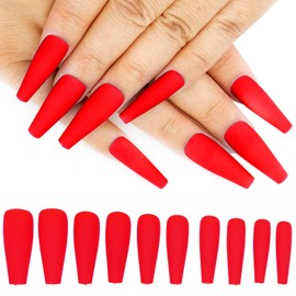 AddFavor 100pcs Coffin Fake Nails Full Cover Long Press on Nails Pure Color Matte Acrylic False Nail Tips for Women and Girls (Red)