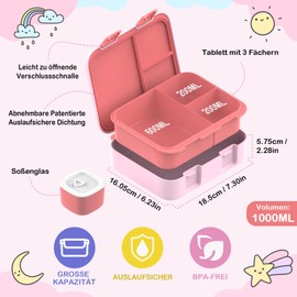 Anyiner Brotdose Kinder mit Fächern, Auslaufsicher Bento Box Kinder Mikrowellengeeignet Lunchbox, BPA-frei Jausenbox mit Soßenbecher für Schule & Kindergarten, Rosa Regenbogen