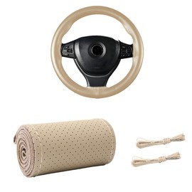 Gasedin Genuine Leather Steering Wheel Cover, Stitch On Wrap for Steering Wheel up to Diameter 15 Inches, DIY Sewing Steering Wheel Protector, Car Accessories (Beige, with Pore)