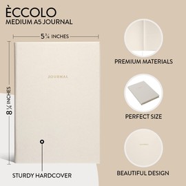 WORLD TRAVELER Eccolo - Cuaderno de diario con forro mediano, tapa dura, diario de escritura A5, 256 páginas de color marfil rayado, marcador de cinta, para trabajo o escuela (blanco, 5.75-x-8.25