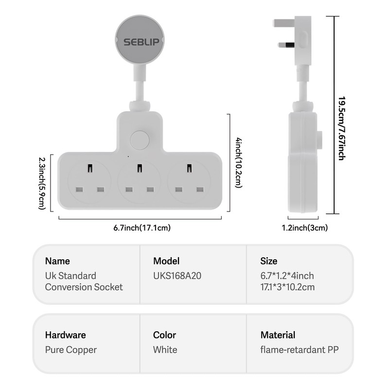 SEBLIP Power Socket Expansion, with 3 Sockets, Independent Switch, Power