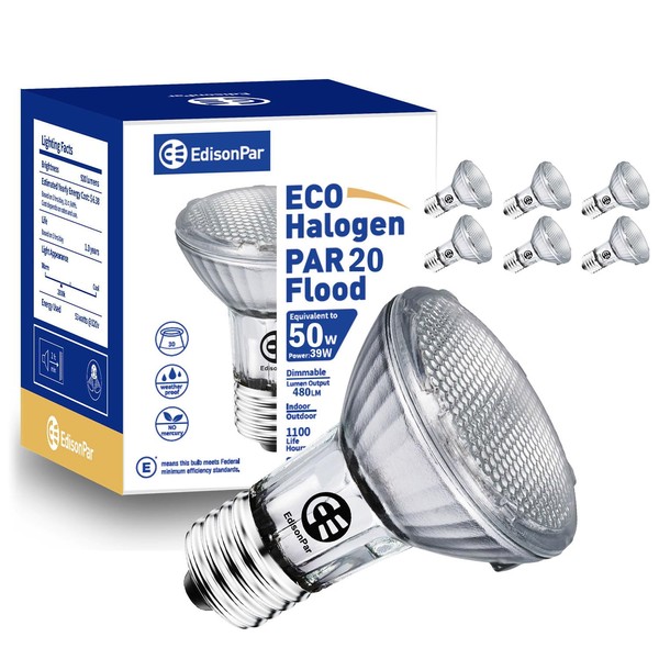 EdisonPar PAR20 ECO Halogen Bulb 6 Pack 50W Equivalent, 25° Flood Light Dimmable E26 Base, 2900K Warm White 480lm 120V