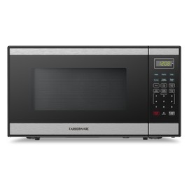 Farberware 1.1 Cu. Ft. Countertop Microwave Oven – 1000W Power, Auto Cook Settings, Defrost, and Safety Lock Stainless Steel, Black Stainless