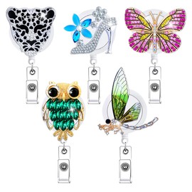 Cute Rhinestone Retractable Badge Reel Bulk 5 Pcs Glitter Nurse Nursing Student Crystal Badge Holder Pack Funny Acrylic Leopard Owl Butterfly Badge Clip Accessories RN CNA Medical Teachers ID Card