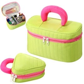 Shinylin 2 Pcs Cotton Quilted Makeup Bag Set Large Small Travel Cosmetic Bags Bulk with Handle Cute Coquette Aesthetic Toiletry Make Up Pouch Organizer for Women (Green)