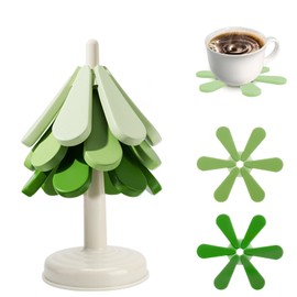Trivets for Hot Pots and Pans, Set of 3 Silicone Tree Coasters, Trivets for Hot Dishes, Office Desk, Restaurant Cafe Coaster or Decoration, Heat-Insulating, Folding(Green)