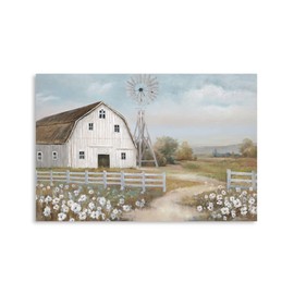 Pictures of Barns Prints Wall Canvas Old Rustic Bedroom Windmill Wall Decor Farmhouse Barn Pictures wall Art Blue sky and White Floral Retro Framed Paintings (36"x 24")……