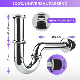 M. ROSENFELD HOME Set of 2 universal siphon for washbasin and installation instructions (English language not guaranteed) – drain fitting – brass odour trap including rubber sleeve