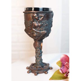Ebros Nautical Sirens Of The Sea Rustic Mermaid Maiden By Coral Reef With Ship Helm Wheel Base Wine Goblet Chalice Beverage Drinkware Serveware Decorative Mermaids Hand Painted Bronze Accent Resin