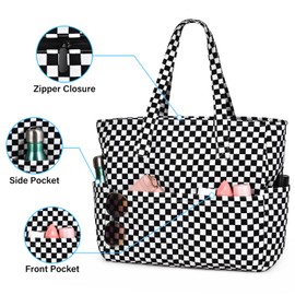 oscaurt Large Beach Bag Waterproof Tote Bag with 8 Pockets Holiday Essentials Foldable Travel Bag for Pool Gym Work Shopping Gifts for Women