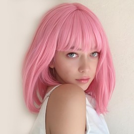 BEAUTIFA Pink Bob Wig with Bangs for Women 12 Inch Short Straight Pink Wigs Synthetic Colored Wigs