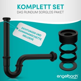Engelbach® Siphon for Sink - Siphon Extra Long 200 mm in Black - Drain Pipe Sink 1 1/4 Inch with Rubber Sleeve - Universal Syphon for Bathroom with Mounting Video