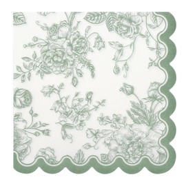 100 Sage Green Floral Paper Napkins Green & White Flowers Disposable Party Napkin 6.5" Scalloped Edge Toile Bouquet Hand Towels for Birthday Bridal Baby Shower Tableware