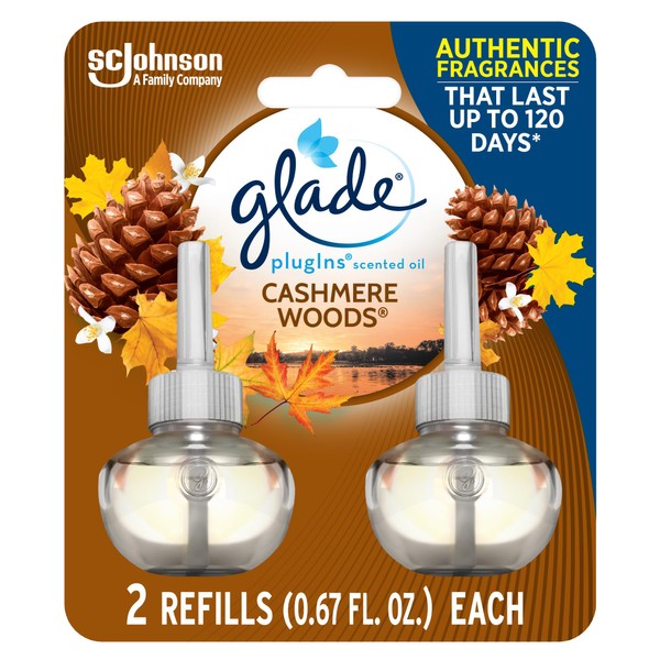 Glade PlugIns Refills Air Freshener, Scented and Essential Oils for Home and Bathroom, Cashmere Woods, 1.34 Fl Oz, 2 Count