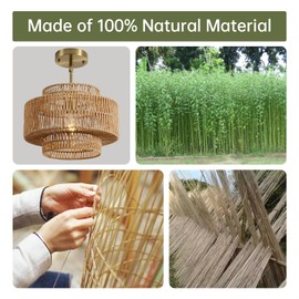 12.4” Boho Rattan Chandelier Light Fixture, 1-Light Hand Woven Pendant Light Fixture Farmhouse Rustic Hanging Lamp for Kitchen Island Bedroom, Dining Room, Living Room, Entryway, Foyer