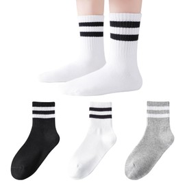 Mini angel Kids Socks Boys Girls Crew Socks 8-11 Years White Seamless Cotton Ankle Athletic Socks with Retro Stripes 3 Pairs (Black,White,Grey,L)