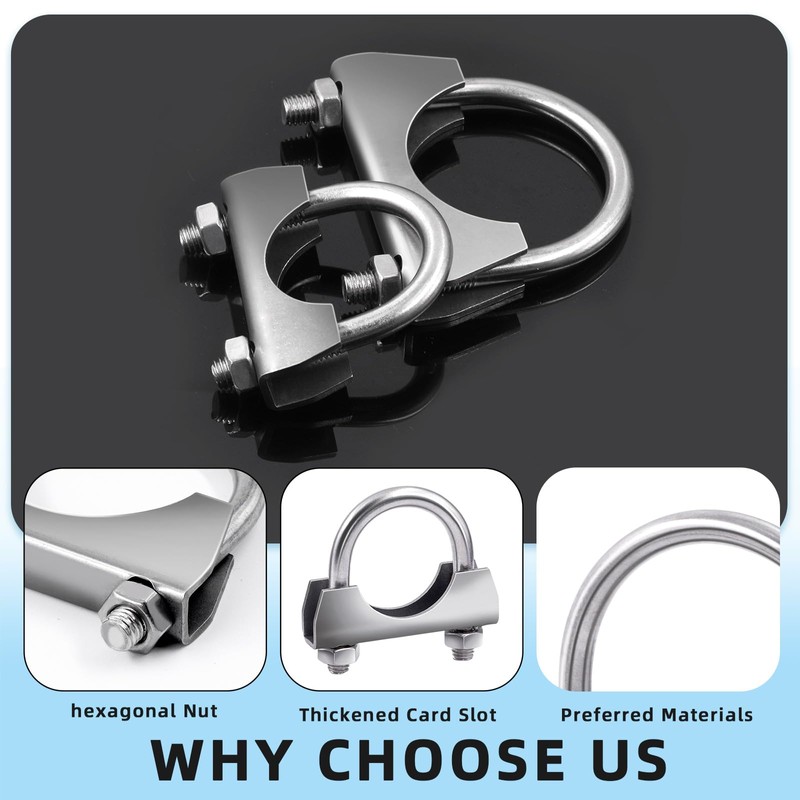 Glarks 2Pcs 304 Stainless Steel Exhaust U-Clamps 50MM (2in) Muffler