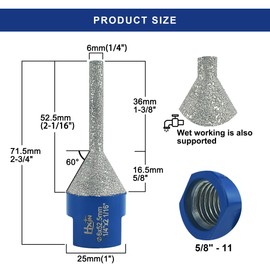 HXIN Brazed Diamond Finger Milling Bit with 5/8-11" Diamond Cone Chamfer Bit End Mill Router Bit for Dry/Wet Enlarging Shaping Hole on Porcelain Ceramic Tile Granite Marble (2,CN0625(1/4" to 1")