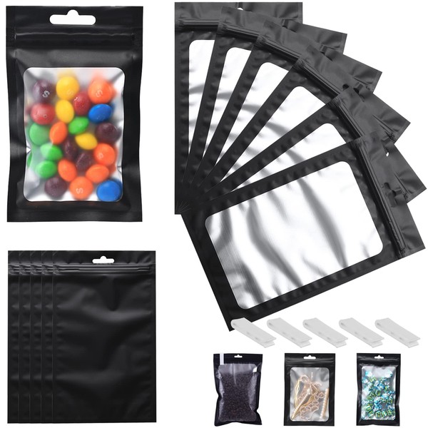 200 PCS 5x8 Inch Resealable Mylar Bags with Clear Window Ziplock Packaging Smell Proof for for Food, Cookies, and Candy, Matte Black