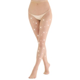 EVERSWE High Waist Fishnet Tights, Thigh High Suspender Stockings (Rhinestone R01-Nude, LXL)